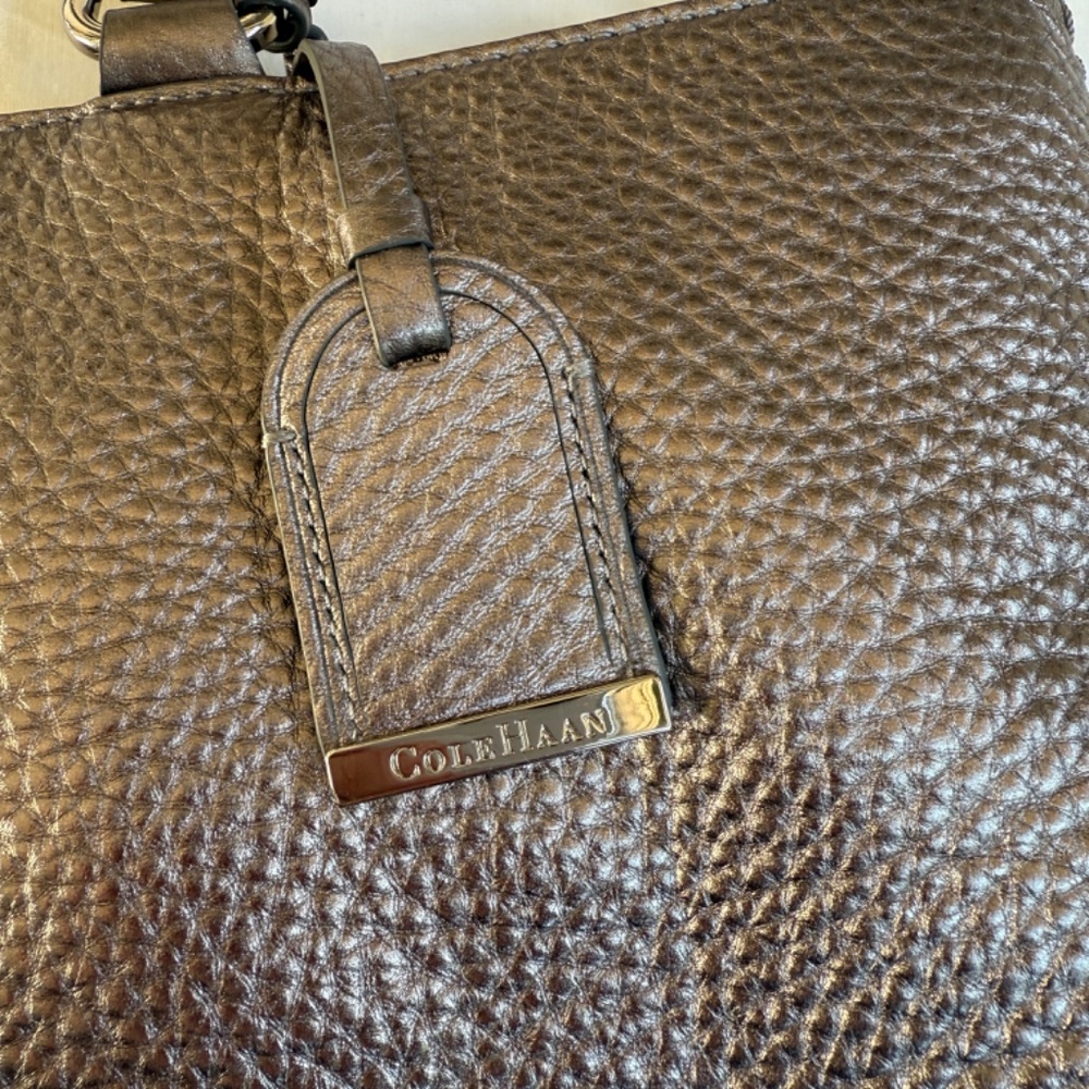 Cole Haan Silver Pewter Pebbled Leather Tote | Original Dust Bag | Teal Lining - Picture 9 of 15